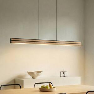 LED závesné svietidlo Quitani Lisene, dub/čierna, 117 cm, stmievateľné, Svetlé drevo, Obývacia izba / jedáleň, Hliník, Dizajn, Závesné svietidlo
