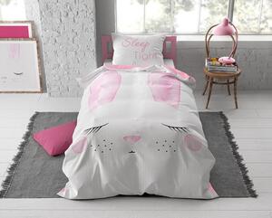 Roztomilé bielo ružové bavlnené posteľné obliečky spiaci zajko 140 x 200 cm