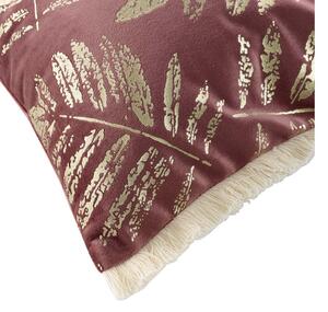 Velvet dekoratívny ružový vankúš zlaté listy a strapce 30 x 50 cm