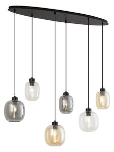 Závesná lampa čierna s jantárovým, dymovým a čírym sklom 6-svetiel - Elena