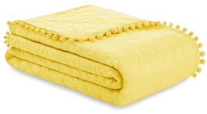 Exkluzívna žltá prikrývka na posteľ bez nití s pompónmi 260 x 280 cm