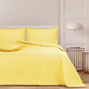Exkluzívna žltá prikrývka na posteľ bez nití s pompónmi 240 x 260 cm