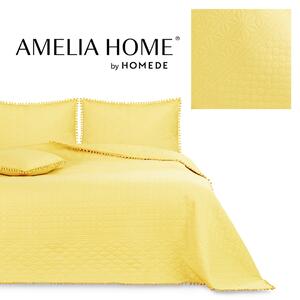 Exkluzívna žltá prikrývka na posteľ bez nití s pompónmi 240 x 260 cm