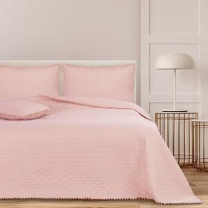 Romantická jemne ružová prikrývka na posteľ s pompónmi 260 x 280 cm