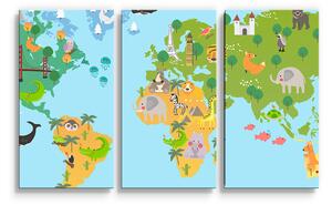 Sablio Obraz - 3-dílný Zvieracia mapa sveta - 120x80 cm