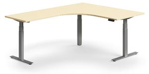 Výškovo nastaviteľný stôl QBUS, rohový, 1600x2000 mm, strieborný rám, breza