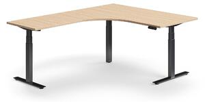 Výškovo nastaviteľný stôl QBUS, rohový, 1600x2000 mm, čierny rám, dub