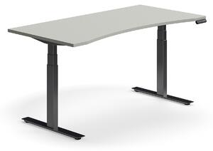 Výškovo nastaviteľný stôl QBUS, s výrezom, 1600x800 mm, čierny rám, svetlošedá