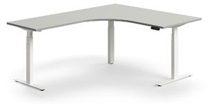 Výškovo nastaviteľný stôl QBUS, rohový, 1600x2000 mm, biely rám, svetlošedá