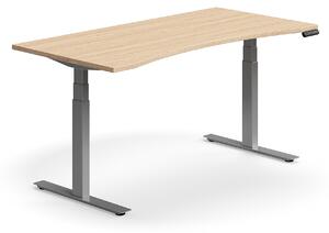 Výškovo nastaviteľný stôl QBUS, s výrezom, 1600x800 mm, strieborný rám, dub