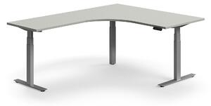 Výškovo nastaviteľný stôl QBUS, rohový, 1600x2000 mm, strieborný rám, svetlošedá