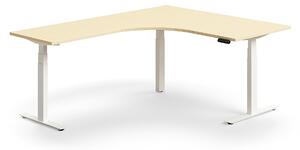 Výškovo nastaviteľný stôl QBUS, rohový, 1600x2000 mm, biely rám, breza