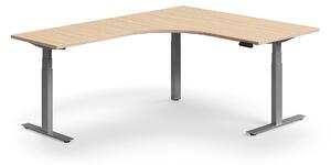 Výškovo nastaviteľný stôl QBUS, rohový, 1600x2000 mm, strieborný rám, dub