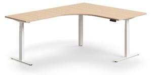Výškovo nastaviteľný stôl QBUS, rohový, 1600x2000 mm, biely rám, dub