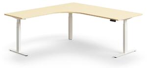 Výškovo nastaviteľný stôl QBUS, rohový, 2000x2000 mm, biely rám, breza