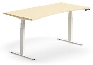 Výškovo nastaviteľný stôl QBUS, s výrezom, 1600x800 mm, biely rám, breza