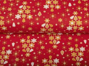 Vianočná bavlnená látka/plátno Sandra SA-408 Hviezdičky a stromčeky na červenom - šírka 160 cm