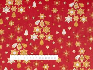 Vianočná bavlnená látka/plátno Sandra SA-408 Hviezdičky a stromčeky na červenom - šírka 160 cm
