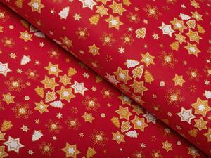 Biante Vianočný bavlnený štvorcový obrus Sandra SA-408 Hviezdičky a stromčeky na červenom 40x40 cm