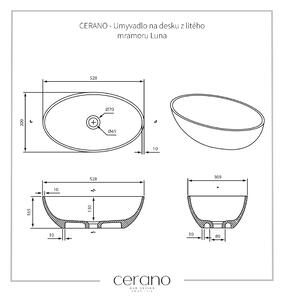 CERANO - Umývadlo na dosku z liateho mramoru Luna - biela matná - 52,8x30,9 cm