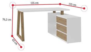 Písací stôl DRAX 3, 135x76,2x115, dub artisan/biela
