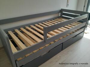 Detská posteľ z masívu borovice TOMÁŠ s prístelkou a šuplíkmi - 200x90 cm - grafit/sivá