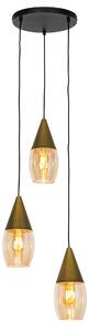 Moderné závesné svietidlo zlaté s jantárovým sklom 3-svetlo - Drop