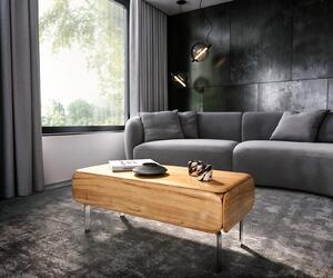 DELIFE Konferenčný stolík Shavani 100x50 cm akácia prírodná 1 zásuvka podstava v tvare L nerezová oceľ strieborná