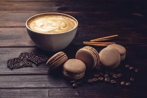 Fototapeta káva s čokoládovými makrónkami