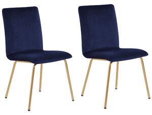 Sada 2 jedálenských stoličiek modrá zamatová bez opierok rúk zlaté kovové nohy retro glamour