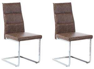 Sada 2 jedálenských stoličiek hnedá umelá koža konzolový tvar strieborné nohy bez podrúčok moderný dizajn