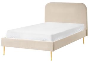 Posteľ svetlobéžová čalúnená zamatová 120 x 200 cm čalúnené čelo zlaté nohy lamelový rošt minimalistický dizajn