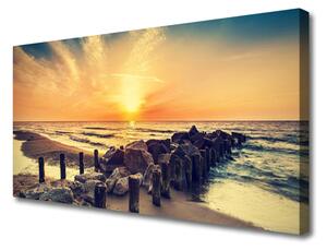 Obraz Canvas Pláž vlnolam more západ 125x50 cm