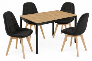 Jedálenská zostava: TESSA 120x60 artisan dub/čierne nohy + 4 ks BORA stoličky zamatové čierne/prírodné nohy