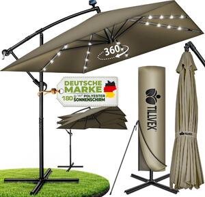 Tillvex® Hliníkový slnečník obdĺžnikový Ø 330 cm s LED solárnou hnedou + kryt s kľukou | konzolový slnečník so stojanom a vetrovkou | záhradný slnečník s UV ochranou, vodotesný, otočný o 360° | slnečník s kľukou na trhu