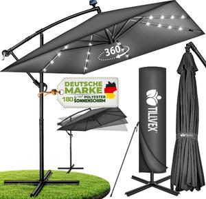 Tillvex® Hliníkový slnečník obdĺžnikový Ø 330 cm s LED solárnou antracitovou farbou + kryt s kľukou | konzolový slnečník so stojanom a vetrovkou | záhradný slnečník s UV ochranou, vodotesný, otočný o 360° | slnečník s kľukou na trhu