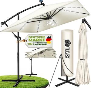 Tillvex® Hliníkový slnečník obdĺžnikový Ø 330 cm s LED Solar Beige + kryt s kľukou | konzolový slnečník so stojanom a vetrovkou | záhradný slnečník s UV ochranou, vodotesný, otočný o 360° | slnečník s kľukou na trhu