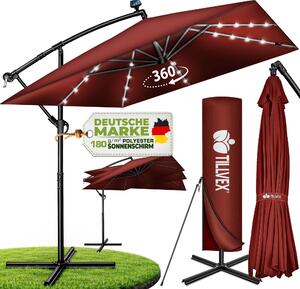Tillvex® Hliníkový slnečník obdĺžnikový Ø 330 cm s LED solárnou červenou + kryt s kľukou | konzolový slnečník so stojanom a vetrovkou | záhradný slnečník s UV ochranou, vodotesný, otočný o 360° | slnečník s kľukou na trhu