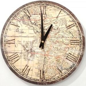 Vintage nástenné hodiny Mapa, priemer 30 cm (Dizajnové hodiny na stenu s rímskymi číslami)