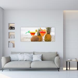 Obraz ananásov a pohárov na pláži (120x50 cm)