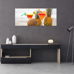 Obraz ananásov a pohárov na pláži (120x50 cm)