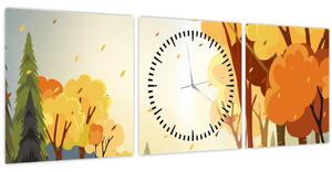 Obraz - Jesenná krajina, ilustrácie (s hodinami) (90x30 cm)