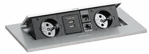 Zásuvkový box - výklopný, 2x zásuvka, 2x USB-A, 2x RJ45 port, strieborná