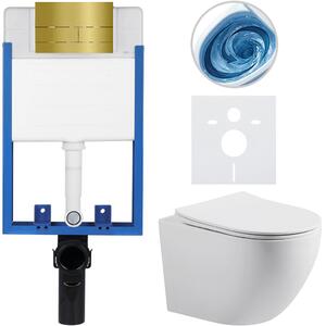 CERANO - Kompletný podomietkový WC set Lite/Cesso - biela matná - WC tlačidlo Line. zlatá - na zamurovanie - 49x36 cm