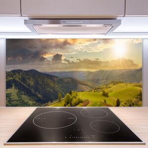 Sklenený obklad Do kuchyne Hory lúka západ slnka 100x50 cm