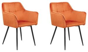 Sada 2 jedálenských stoličiek oranžové zamatové čalúnené stoličky s opierkami rúk čierne kovové nohy