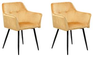 Sada 2 jedálenských stoličiek žlté zamatové čalúnené stoličky s opierkami rúk čierne kovové nohy