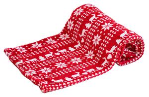 Červená vianočná mikroplyšová deka JELEN A VLOČKA, 150x200 cm