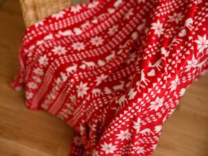 Červená vianočná mikroplyšová deka JELEN A VLOČKA, 150x200 cm