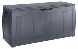 Tmavosivý úložný box má rozmery 117 x 45 x 57 cm a objem 270 litrov s uzamykateľným vekom